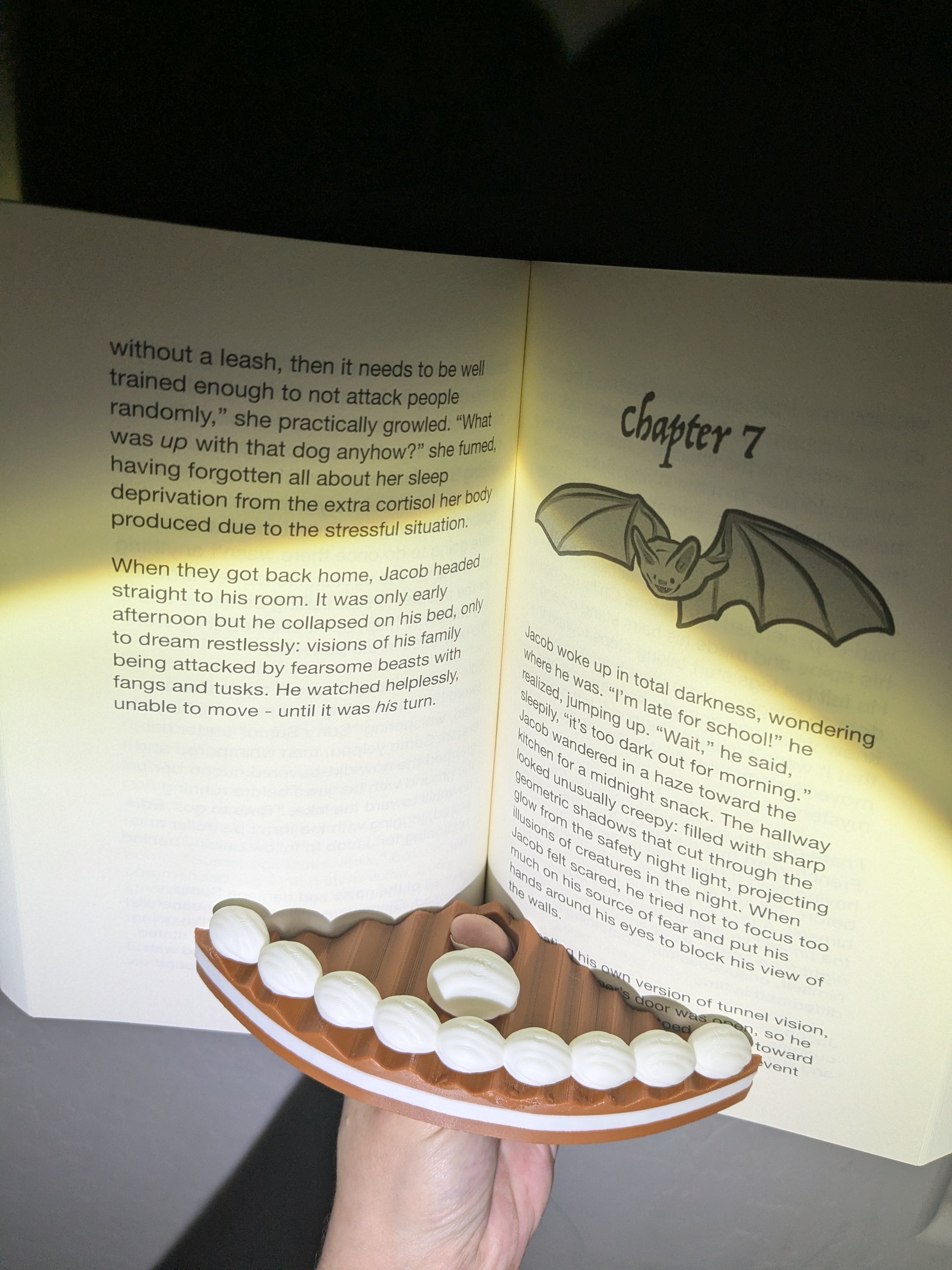 Open book with a cake shaped book holder on a dark background