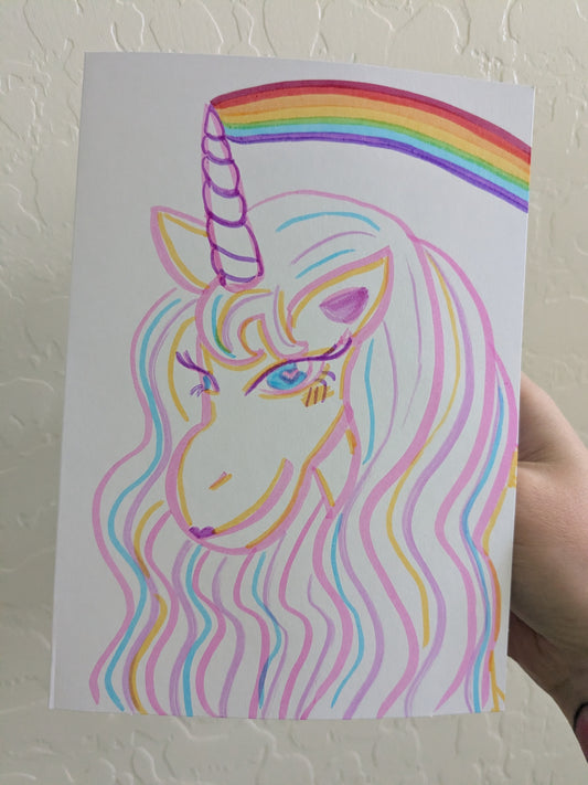Colorful drawing of a unicorn with a rainbow on a white background